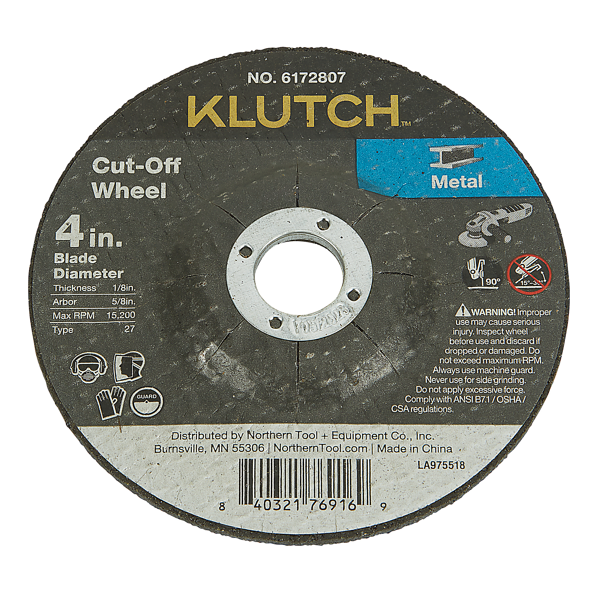 Klutch DCW Metal Cutoff Wheel, 4in. x 1/8in. x 5/8in., Type 27